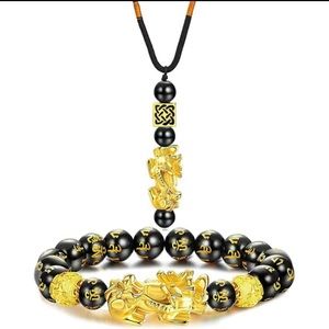 Black Obsidian pixiu Feng SHui bracelet and necklace set